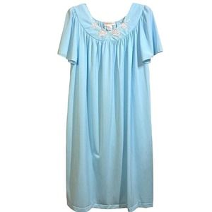 Vtg Shadowline Nightgown Short Sleeve Gown Size L Sleepwear Blue Embroidered NOS